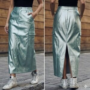 Haute Monde Large Faux Leather Skirt Metallic Sea Green A-line Cargo Midi NEW